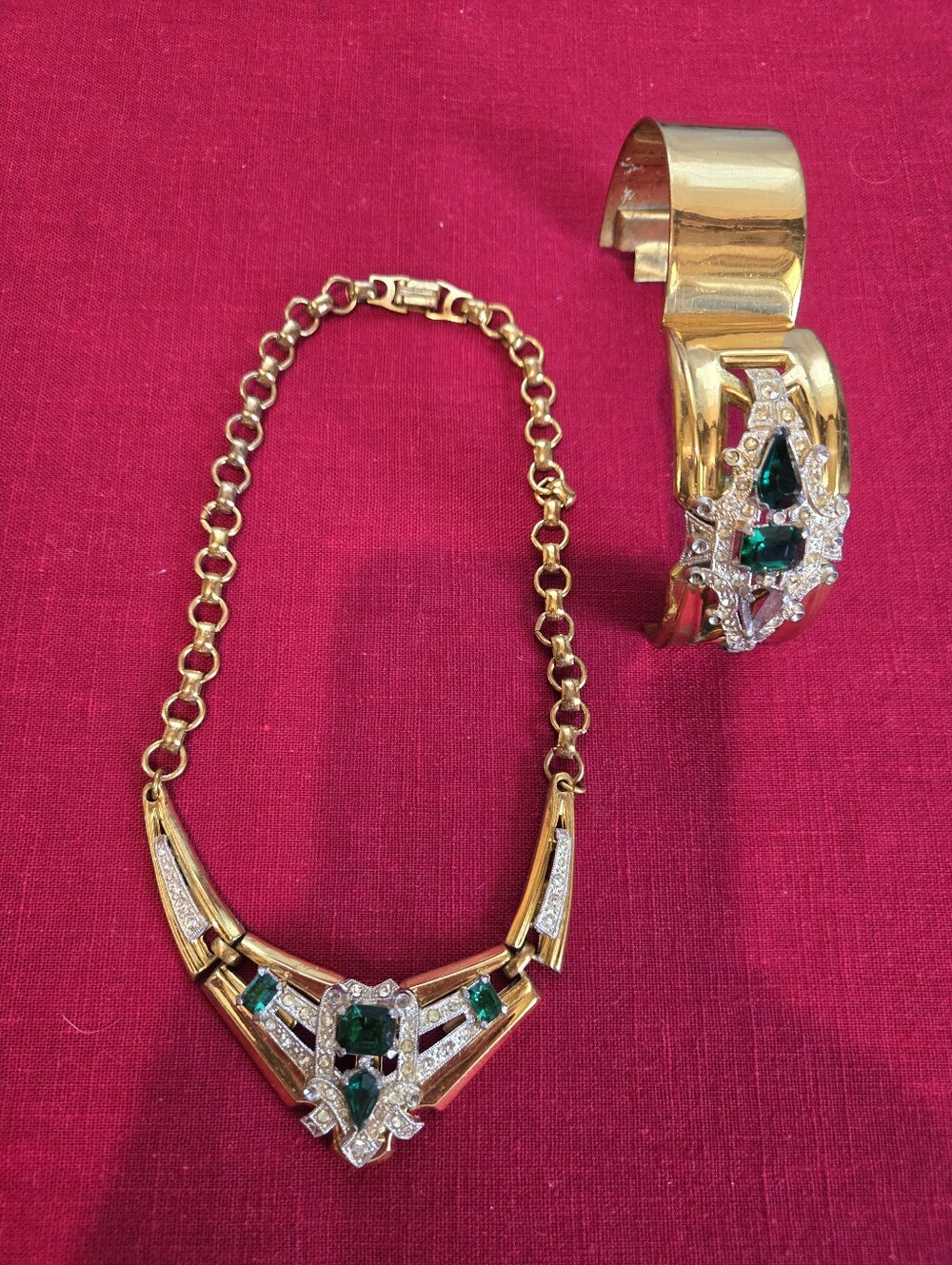 Antique Art Deco Gold-Tone Emerald & Crystal Necklace and Cuff Bracelet Set